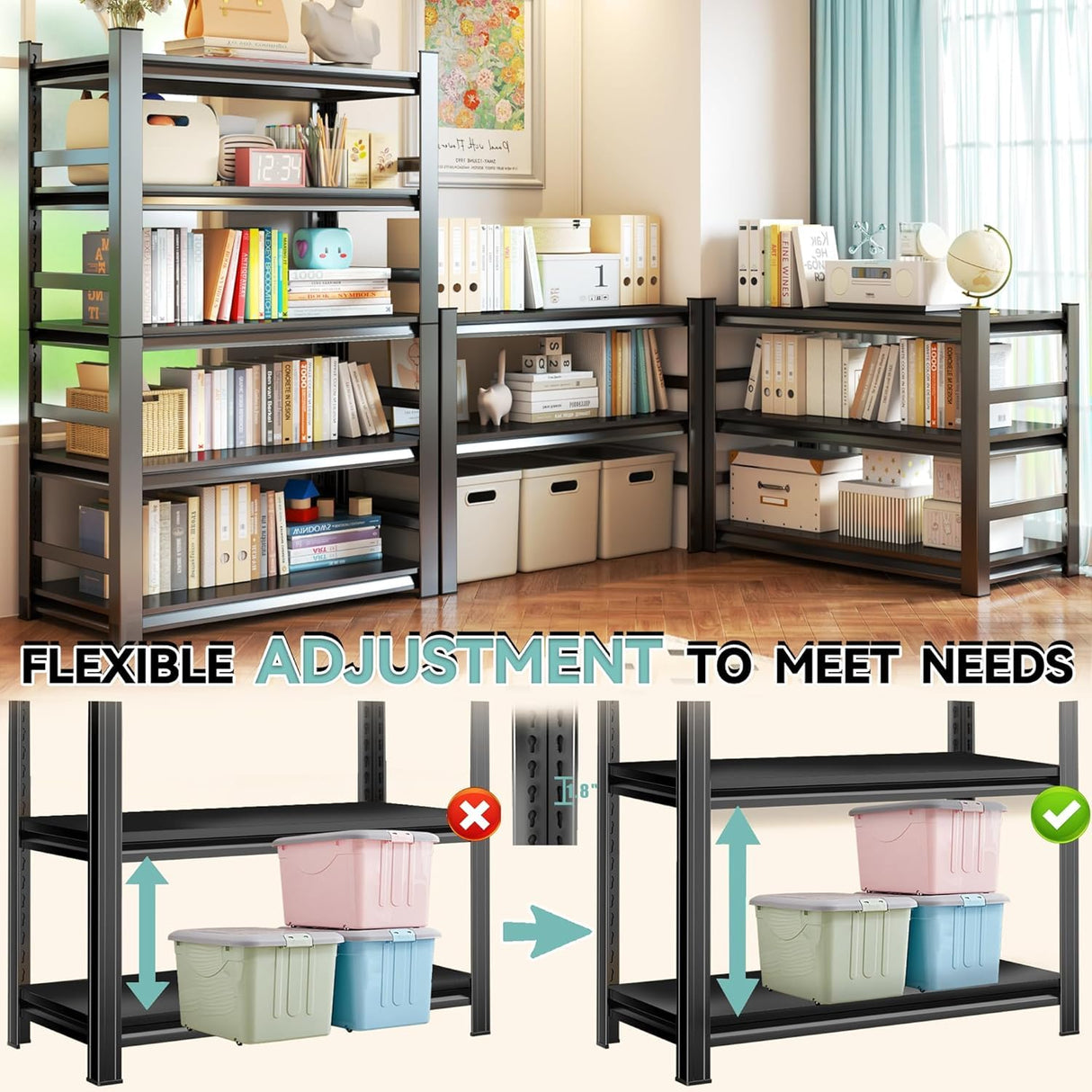 Book Shelf, 78 Tall Bookcase, 5-Tier Large Bookshelves, Metal Shelf for Books, Adjustable Book Shelves for Living Room, Display Shelf for CDs/Books/Movies, 47.24" W*18" D*78" H, Black BEESTMUEBLE