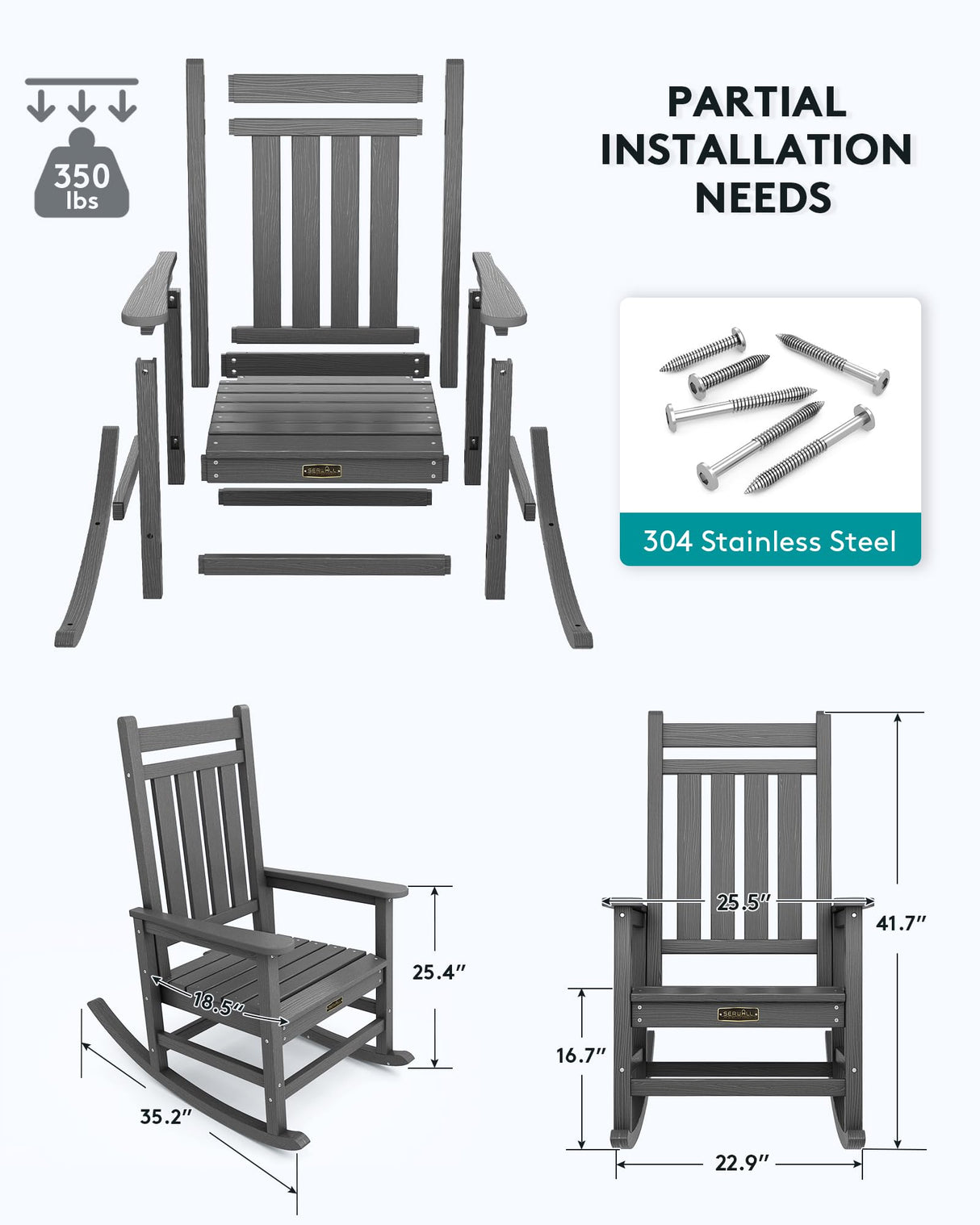 SERWALL Outdoor Rocking Chair Set of 2, HDPE Rocking Chairs for Adult, All Weather Porch Rockers for Lawn Garden, Grey SERWALL