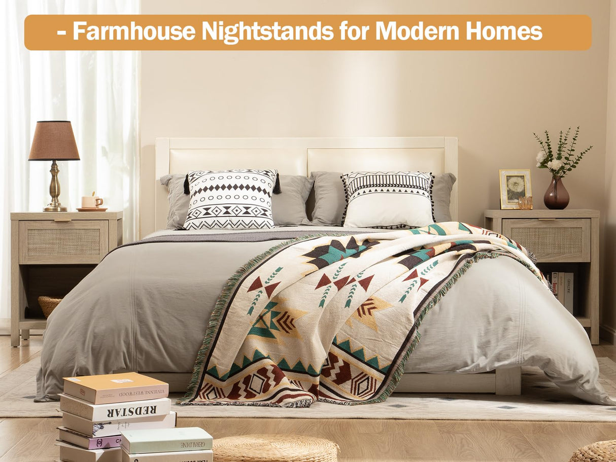 SICOTAS Rattan Nightstands Set of 2, Farmhouse Night Stands with Drawer Bedside Table - Boho End Table Side Table Accent Table for Bedroom Living Room, Light Oak Wood SICOTAS