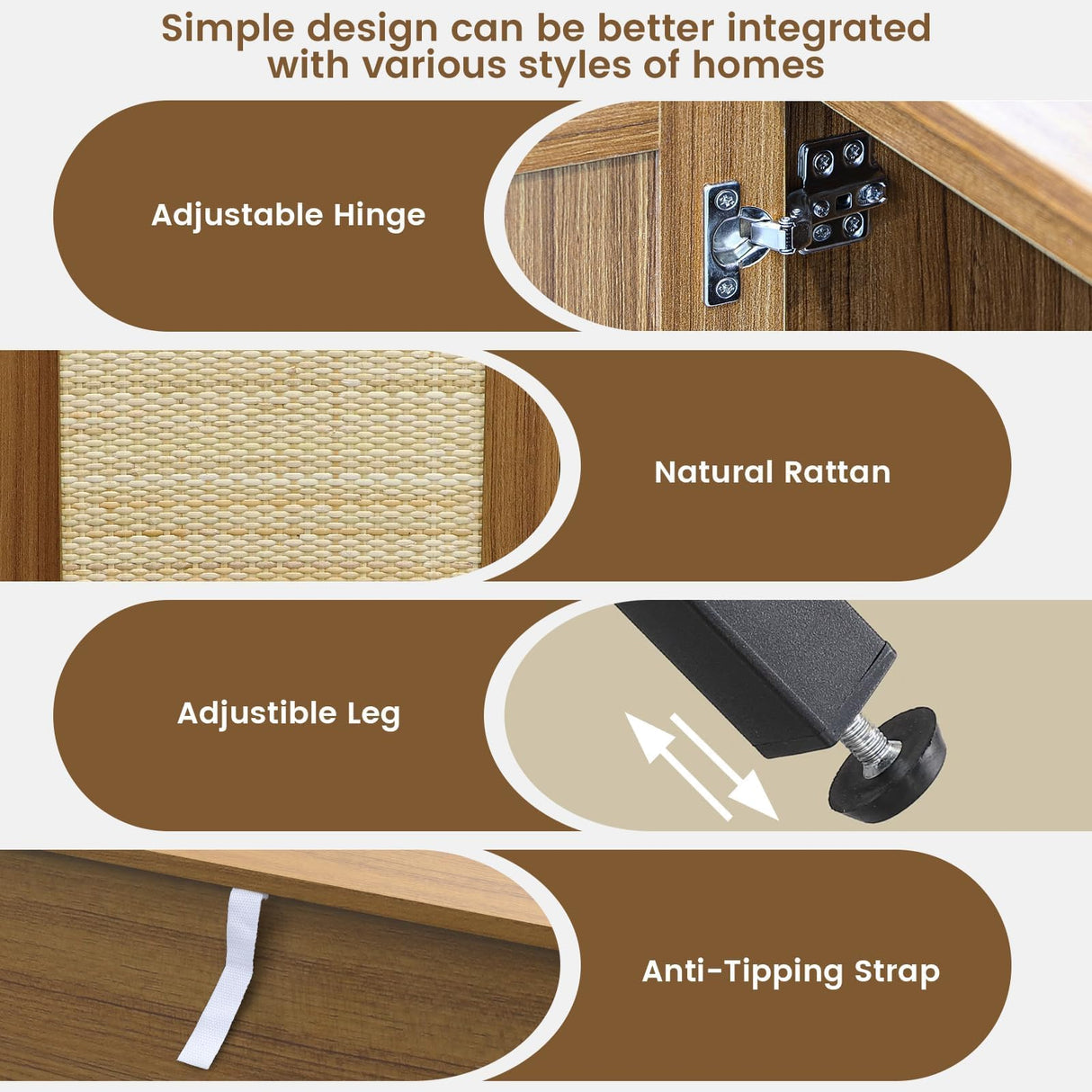 ZLWJGY Credenza Rattan Buffet Cabinet, Sideboard Storage Accent Cabinet with 4 Wicker Doors, Wide Modern Console Cabinet for Kitchen, Living Room and Dining Room, Walnut ZLWJGY