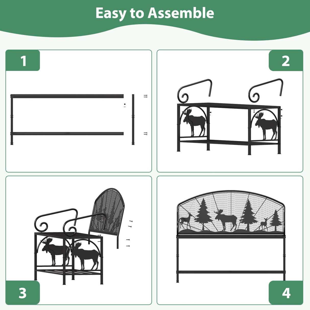 HavenlyYouth Outdoor Bench, Garden Bench with Backrest and Armrests, Patio Bench with Forest Series Pattern, Anti- Rust Thickened Metal Bench Outdoor for Garden, Yard, Patio, Porch, Lawn and Park HavenlyYouth
