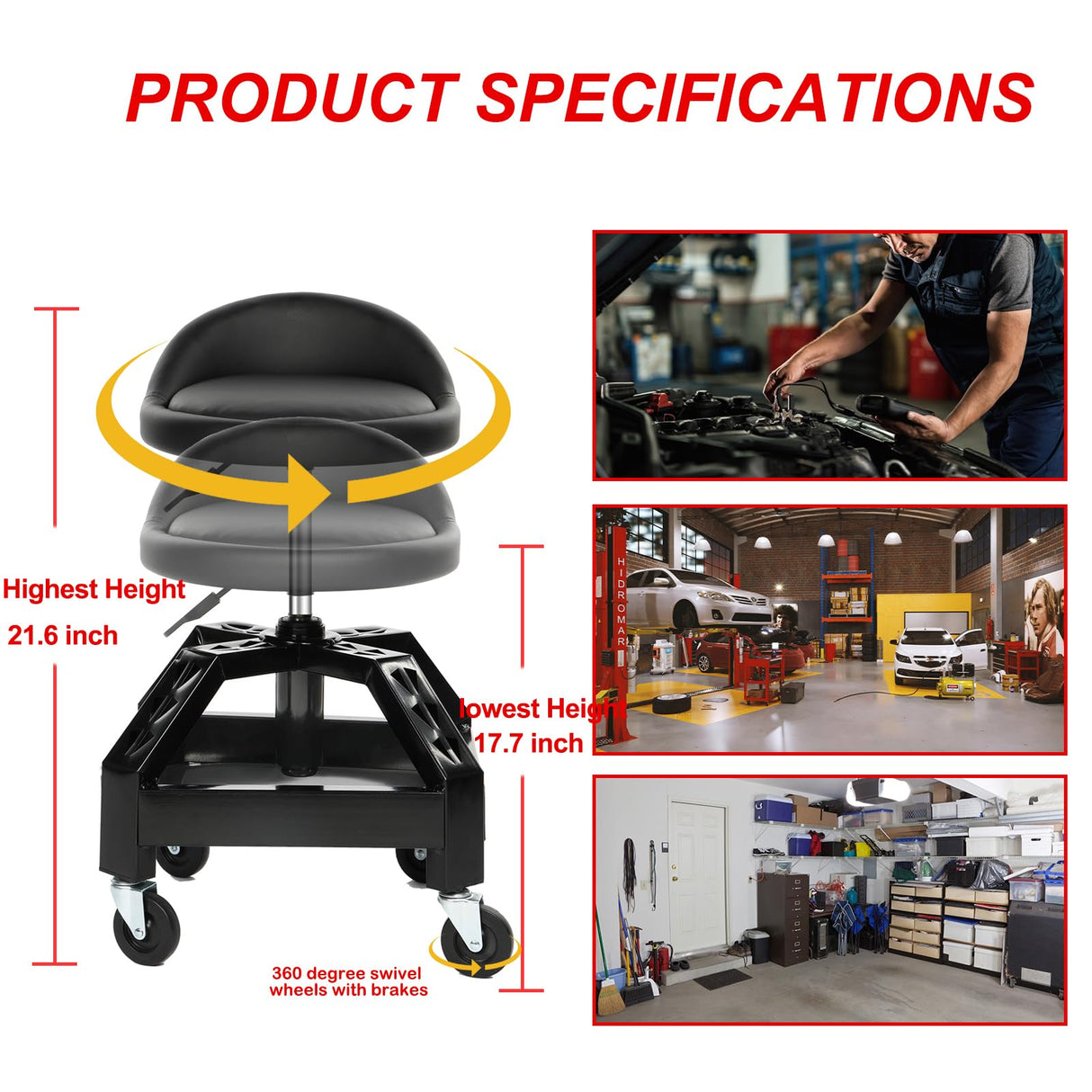 RCIACRHT Rolling Garage Shop Seat,Garage Stool with Wheels,Heavy Duty Mechanic Stool 350 Lbs Capacity Storage with Tool Tray,Lockable 360°Wheels,Adjustable Heigh Workshop Stool RCIACRHT