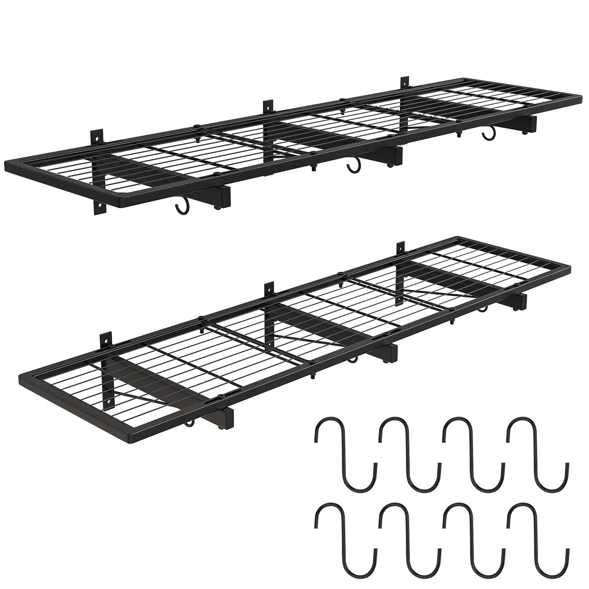 2 Pack Garage Wall Shelves, 46"X 12.5" Garage Shelving Wall Mounted, Heavy Duty Shelf Organizer with 8 Hooks, Black Floating Storage Metal Rack 320 LBS Capacity for Laundry Room, Office, Basement Riciakik