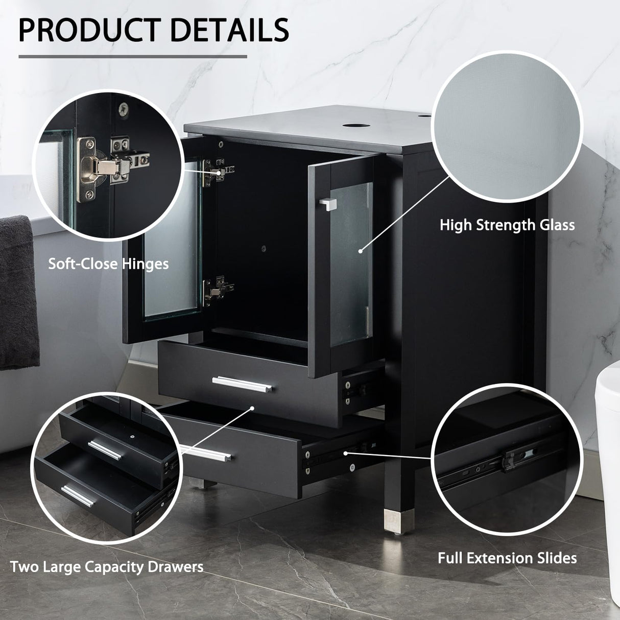 LUCKWIND 72" Double 24-in Bathroom Vanity with Sink Combo, Elegant Series with Two 12.6-in Side Cabinets, Painted Frame, Including White Rectangle Sinks, Faucets Without Mirrors, Black LUCKWIND