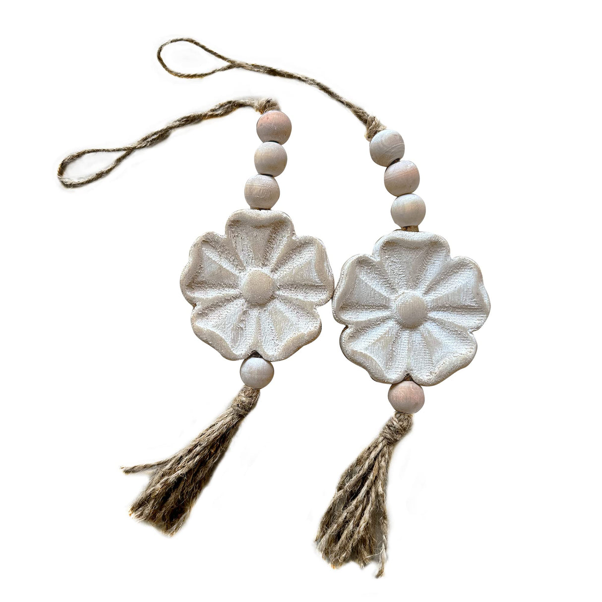 2pcs Carved Floral Tassels with Farmhouse Wood Beads - Multi-Functional Wall Decor Tray Home Decoration (Natural) Musanpou