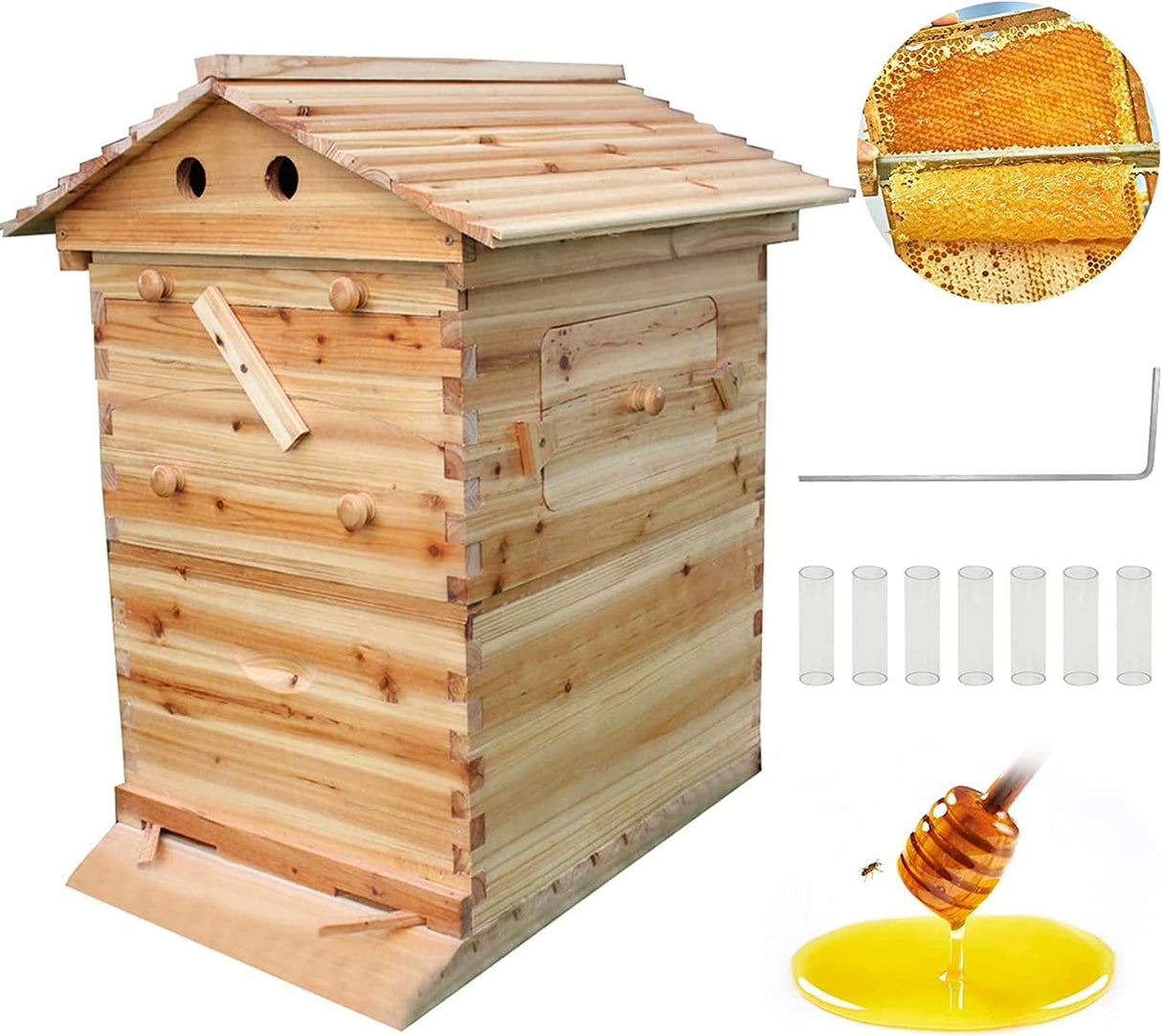 Flows Bee Hives and Supplies Starter Kit, Automatic Wooden Bee Hive House Kits Beehive Boxes with 7 Pcs Comb Honey Frames for Beginning Professional Beekeepers LWestine