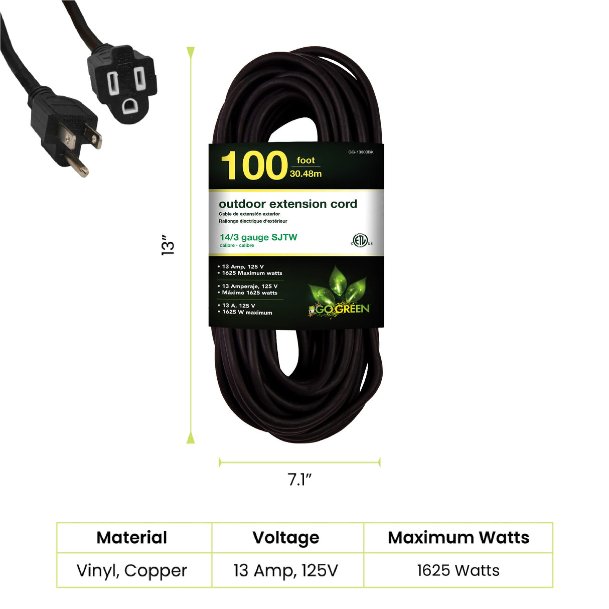 Go Green Power Inc. (GG-13800BK) 14/3 SJTW Outdoor Extension Cord, Black, 100 ft Power By GoGreen