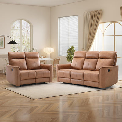 CANMOV Manual Loveseat Recliner Sofa Set, Wall-Hugger Reclining Living Room Furniture Set, Leathaire 2-Seater Recliner Chair and 3-Seat Reclining Sofa Couches for Office, Villa, Brown(Loveseat+Sofa)