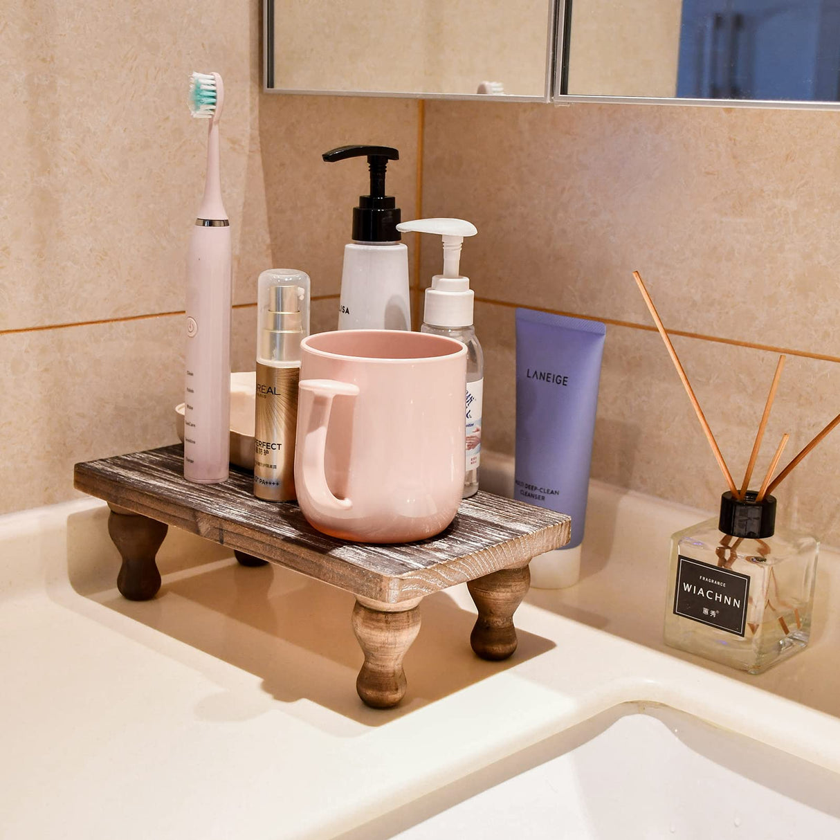 Farmhouse Wooden Riser Decorative Tray with Pedestal Stand Pump Bottle Display Tray for Kitchen Bathroom Counter Rustic Decor Brown Candles Plants Bottle Display Great for Home and Kitchen Decor. OKSQW