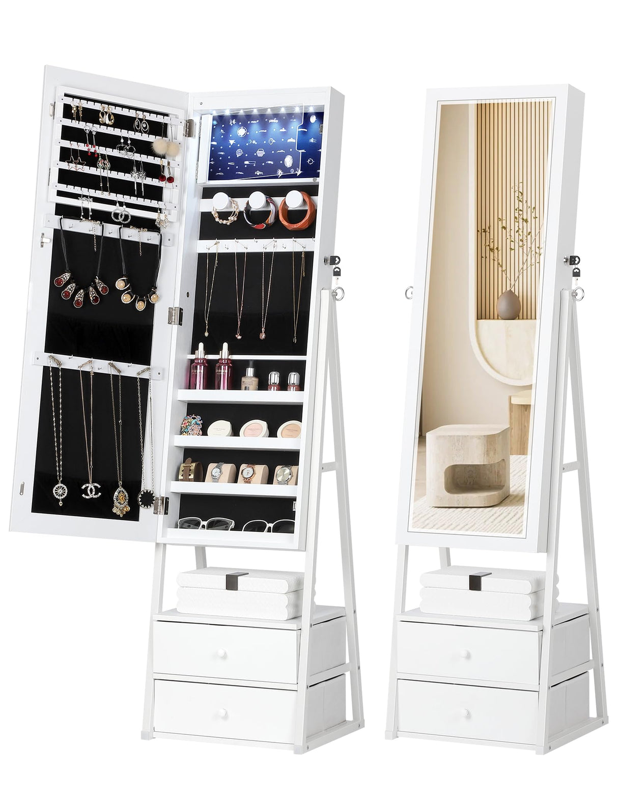 Nicetree Jewelry Cabinet Armoire with 2 Drawers, Lockable Standing Jewelry Mirror Cabinet, Full Length Mirror with Jewelry Storage, White Nicetree