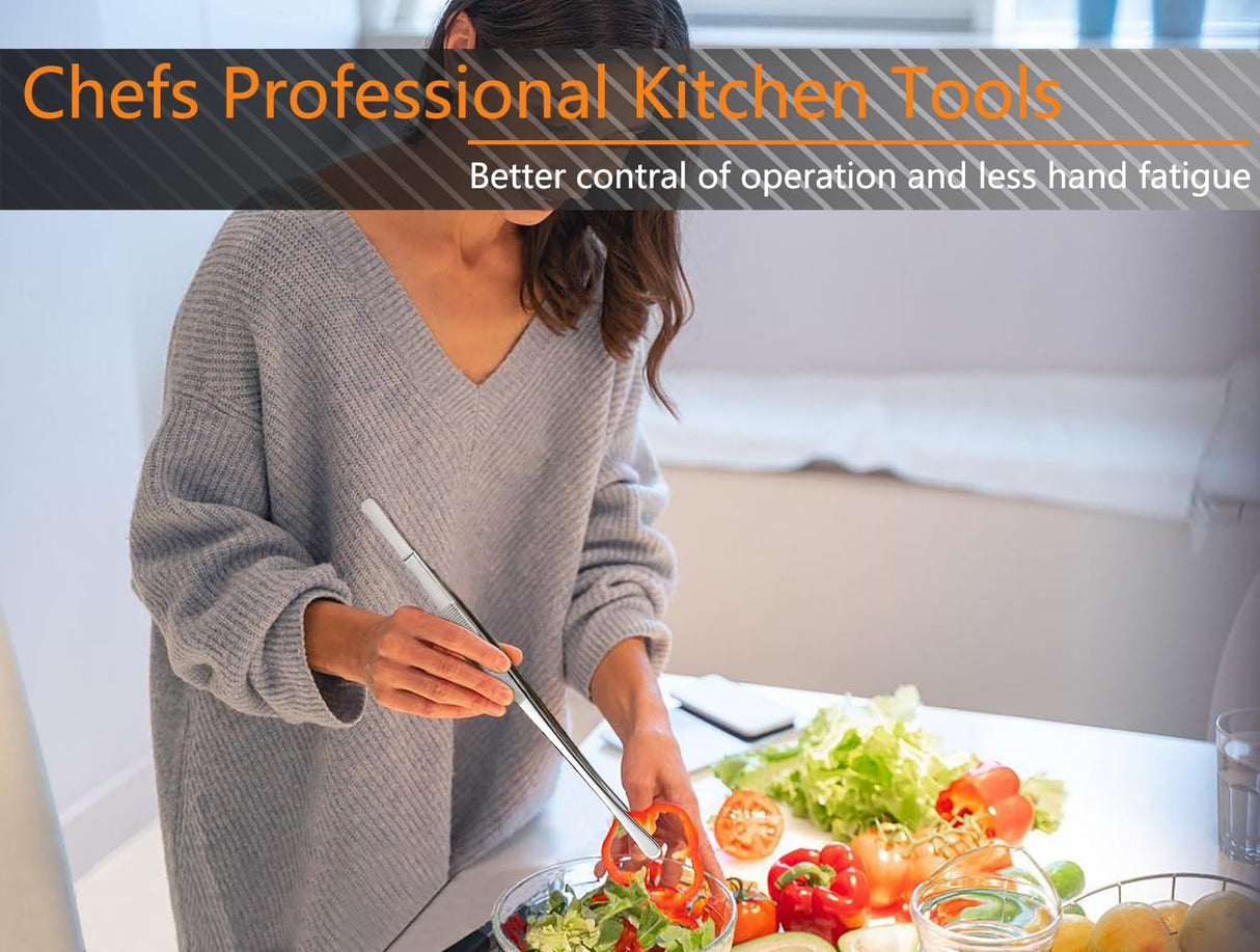 JETKONG 6 Pcs Cooking Tweezer Tongs, 12'' and 6.3" Stainless Steel Kitchen Tweezer Set, Professional Chef Tweezers for Cooking, Repairing, Sea Food, BBQ, Multi-use JETKONG