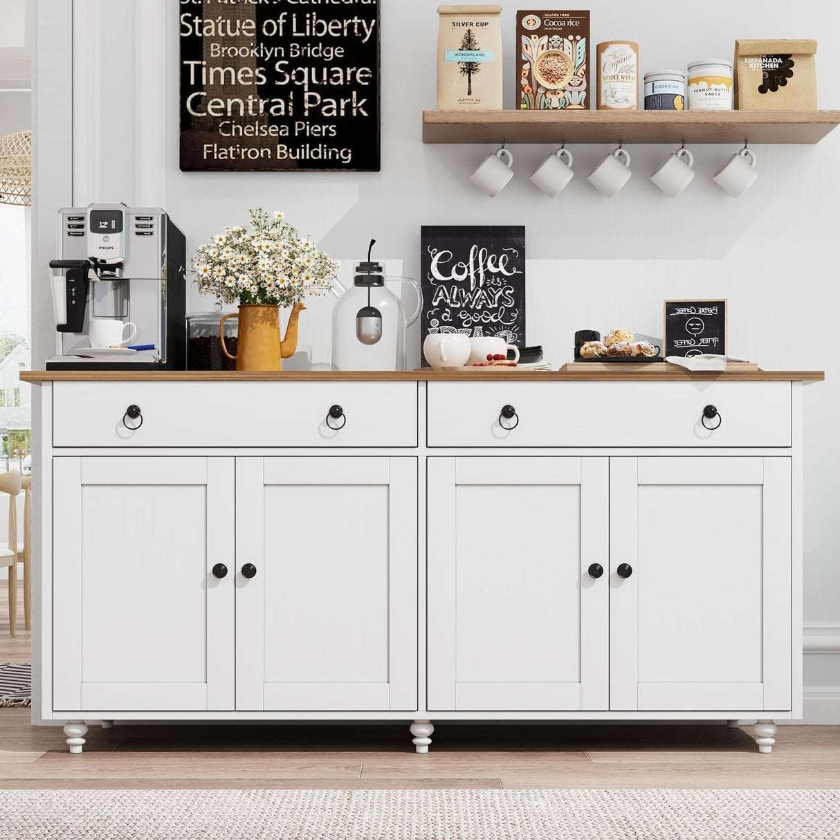 4 EVER WINNER Buffet Cabinet with Storage, 55" Sideboard Buffet Cabinet with 2 Drawers and 4 Doors, Modern Farmhouse Coffee Bar Cabinets, Wood Buffet Table for Kitchen, Dining Room, White 4 EVER WINNER
