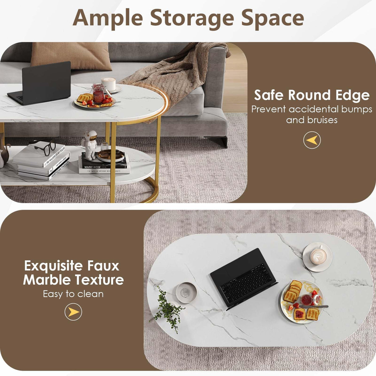 Giantex 2-Tier Coffee Table, Oval Center Table with Faux Marble Top & Open Storage Shelf, Modern Accent Table with Heavy Duty Metal Frame, Oval Coffee Tables for Living Room, White and Gold Giantex