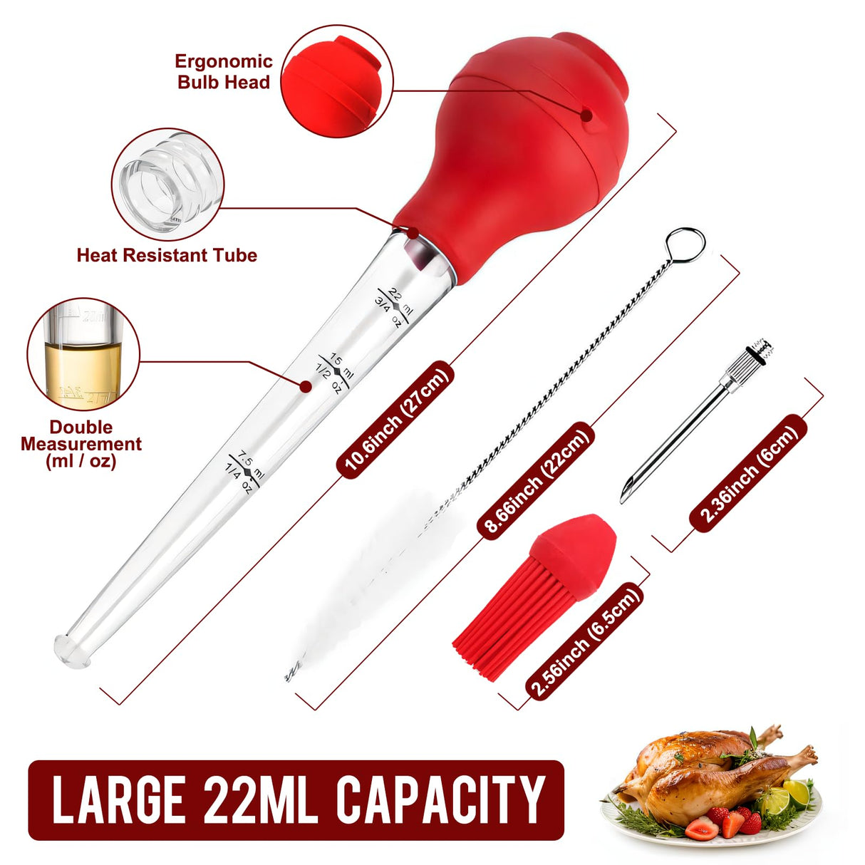 Turkey Baster, Baster Tool for Cooking-Baster Syringe for Home Baking, Turkey Baster and Injector Set with Detachable Silicone Bulb, Meat Marinade Injector Needles for Thanksgiving-Red ENNSOO