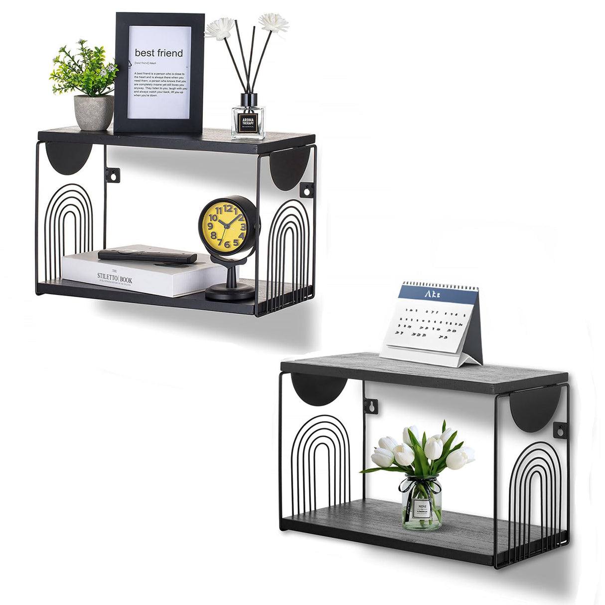 Walasis Black Nightstand Set of 2 - Floating Bedside Shelf Wood Wall Mounted Table Modern Hanging Night Stand Shelves Metal Walasis