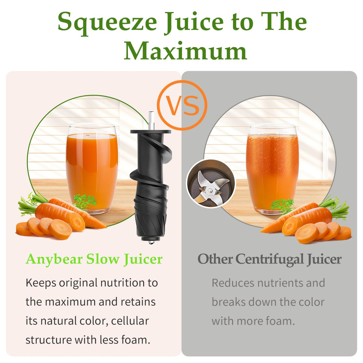 Masticating Juicer Machines, 3.5" Large Feed Chute Cold Press Juicer Fit Whole Fruits Vegetables with Quiet Motor | 5 Speed Modes | Easy to Clean with Brush | BPA Free (Silver & Black) anybear