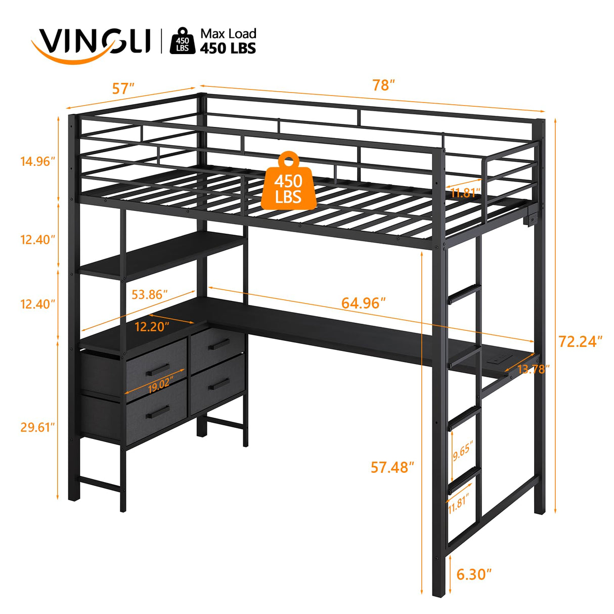 VINGLI Full Metal Loft Bed Frame with L-Shaped Desk, 15 Inches Guardrail, Non-Slip Ladder, 2 Charging Stations, Storage Shelves/4 Drawers/LED Lights, for Kids Teens Adults, No Box Spring Needed, Black VINGLI