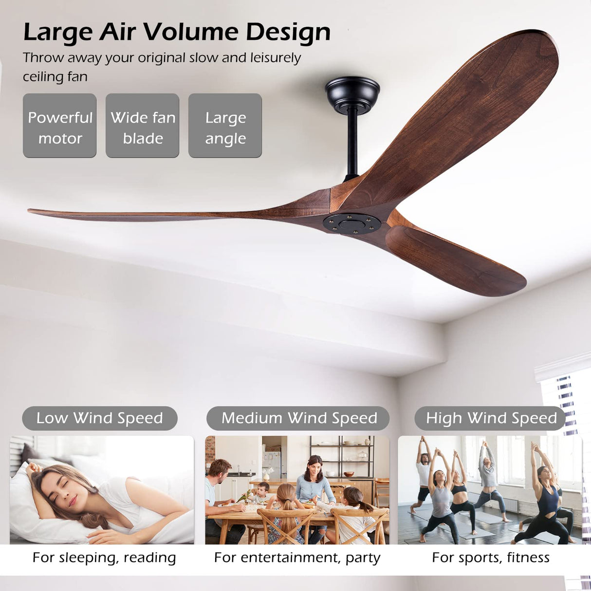 Solid Wood Ceiling Fans Without Light, 60 Inch Real Wood Ceiling Fan with Remote Control and 3 blade, Natural Wood Ceiling Fan Waterproof, Indoor Outdoor Ceiling Fans for Patio, Bedroom, Living room EOPETY
