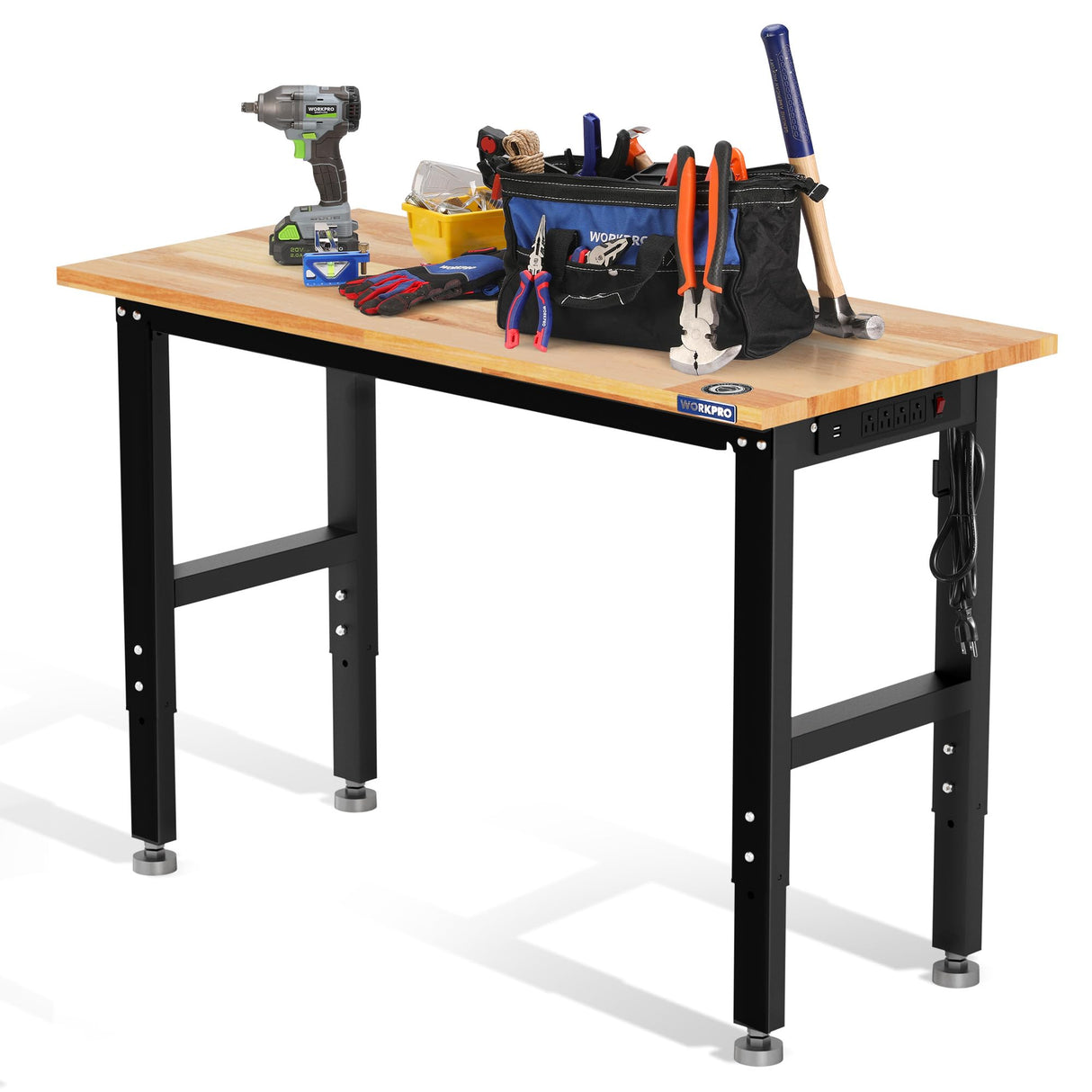 WORKPRO 48" Adjustable Workbench, Rubber Wood Top Heavy-Duty Workstation, 1500 LBS Load Capacity Hardwood Worktable with Power Outlets, Leveling Foot, for Workshop, Garage, Office, Home WORKPRO