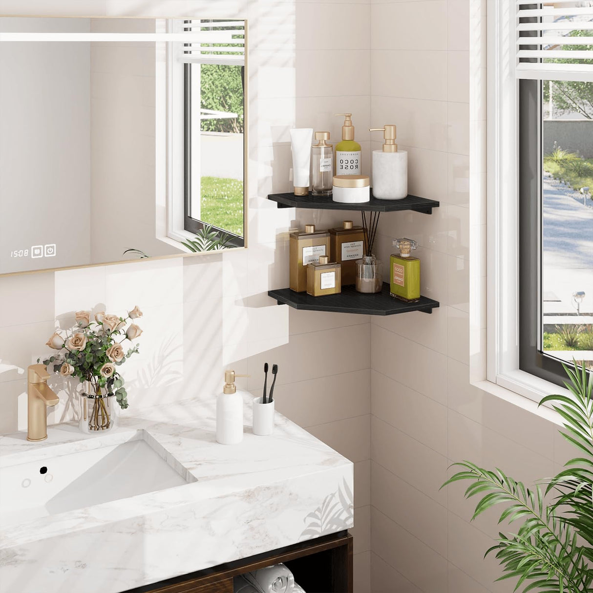 Homode Corner Shelf Wall Mount, Set of 2 Corner Floating Shelves with Wire Hole for TV, Cable Box, Wood Hanging Storage Shelf Organizer for Bathroom Kitchen Living Room Bedroom, Black Homode