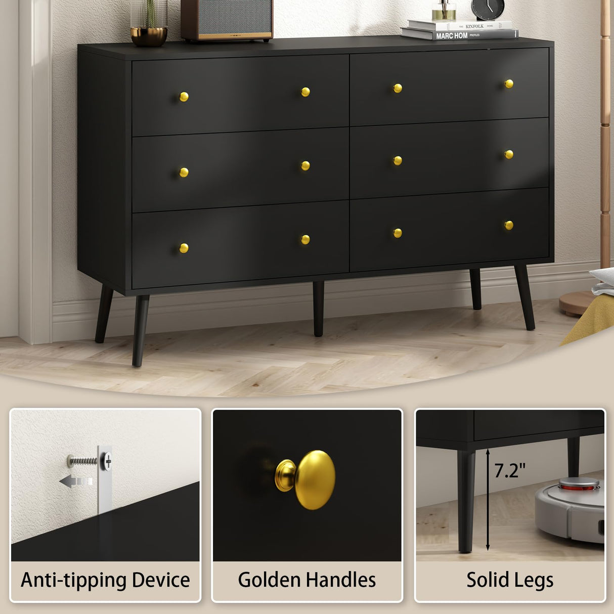 BAZELOR Dresser for Bedroom with 6 Drawers, Double Wood Dresser with Gold Handles, Modern Mid Century Chest of Drawers for Living Room, Hallway, Black BAZELOR