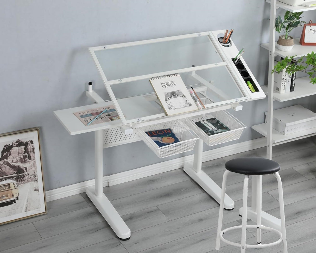 ZephyPaws Glass Drafting Table and Stool Set, Upgraded Hand Crank Adjustable Height Drawing Table Artist Desk with 2 Storage Drawers for Home Office (White) ZephyPaws