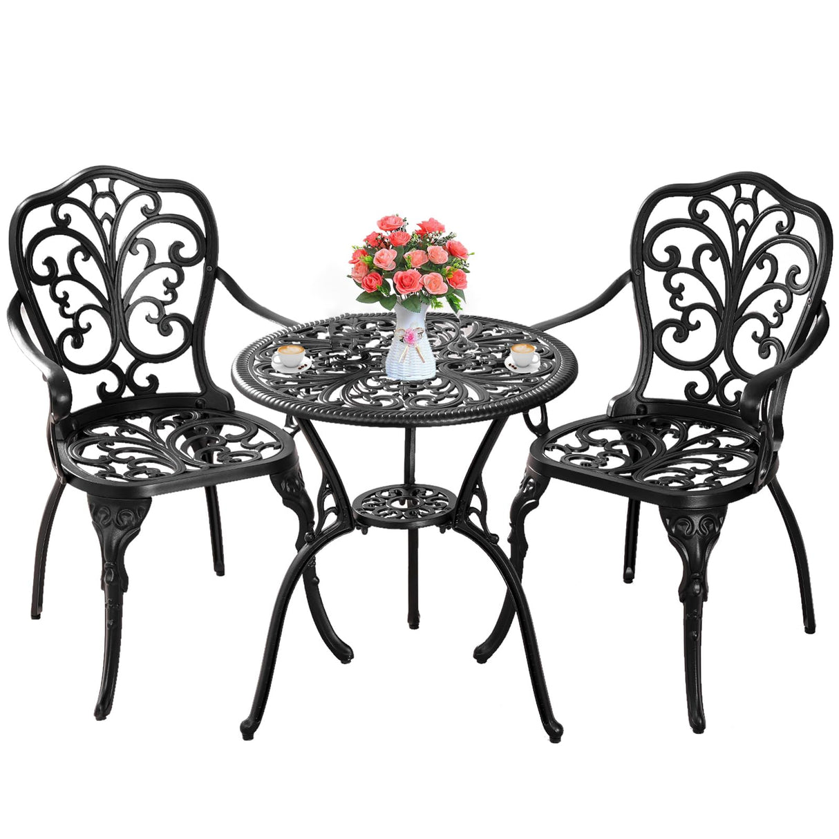 Withniture 3 Piece Patio Bistro Set Cast Aluminum Bistro Table and Chairs Set of 2 with Umbrella Hole,All Weather Metal Bistro Table Set,Outdoor Patio Furniture Set for Garden(Butterfly Black) Withniture