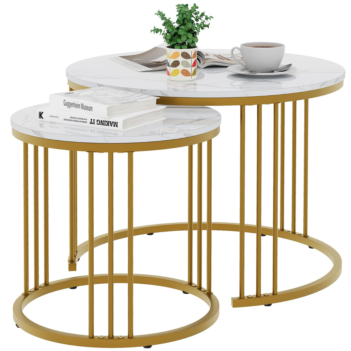 Garden 4 you Coffee Table Faux Marble Nesting Table for Small Place 2 Sets Modern Furniture Living Room Sets End Side Table Night Stand for Bed Room Dining Room (White & Gold) Garden 4 you