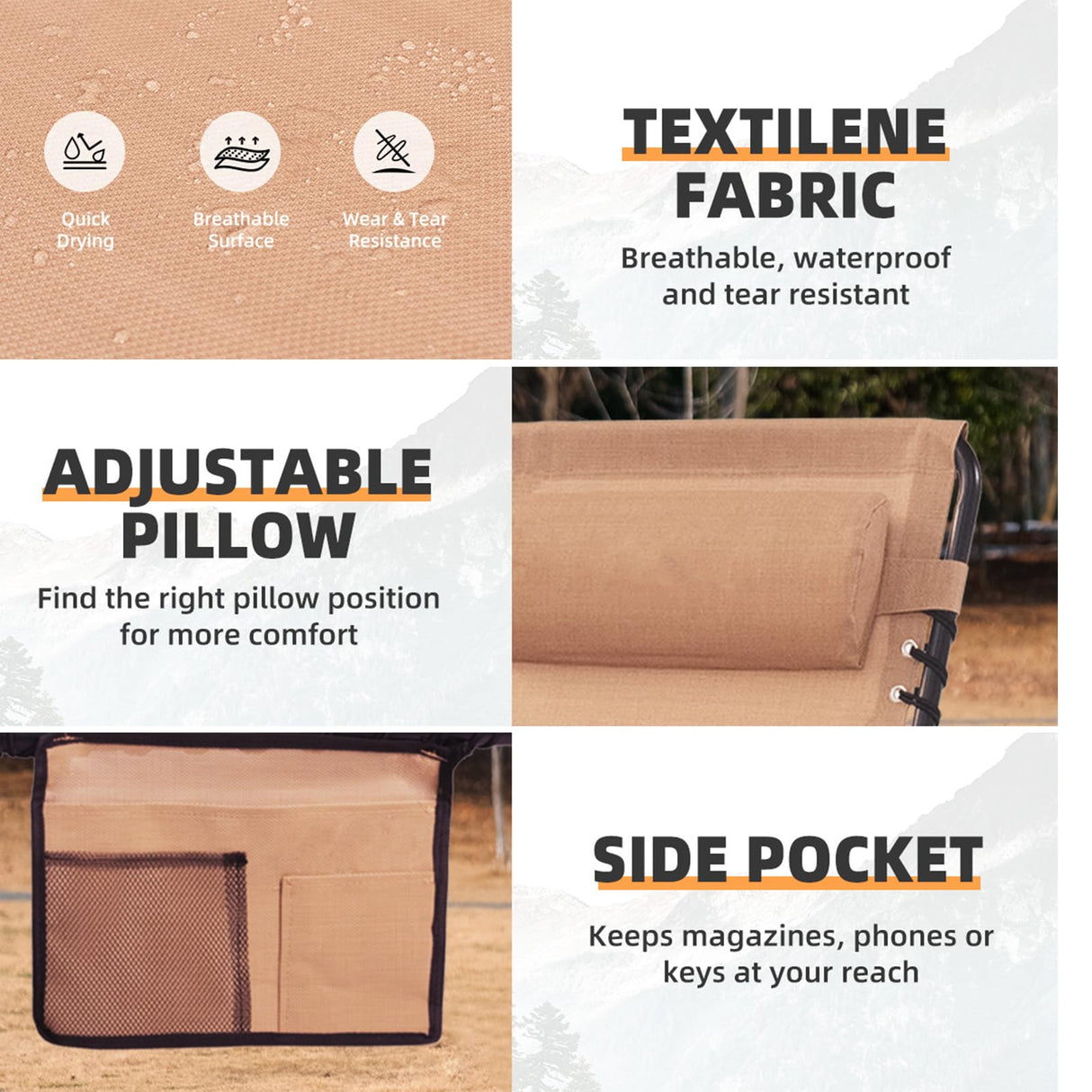 Foristrail Folding Chaise Lounge Chair Bed - Heavy-Duty 400lb Capacity Portable Adjustable Recliner w/Pillow for Patio, Pool, Camping, Sunbathing - Lay Flat Design (Beige) Foristrail