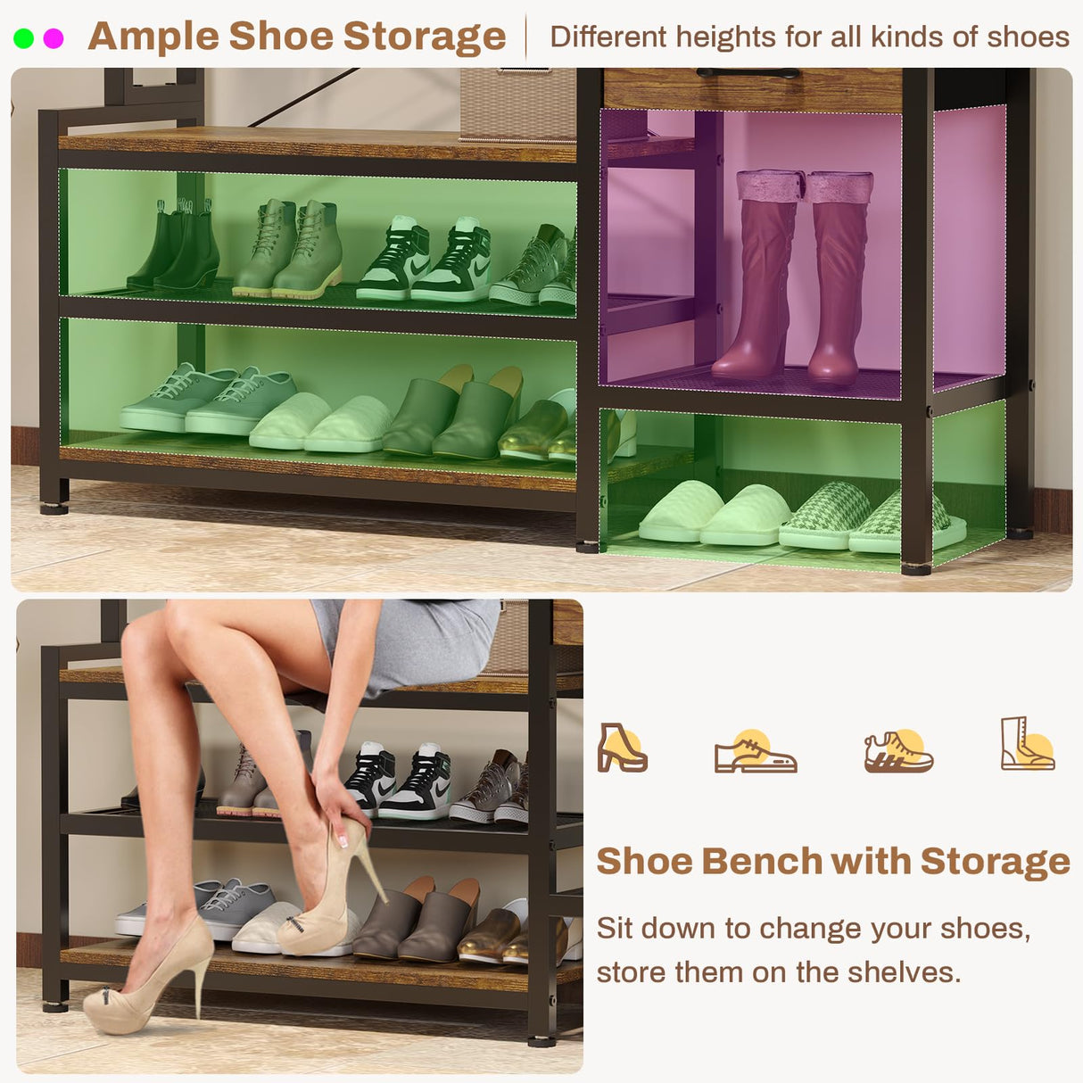 Itaar Hall Tree with Bench and Shoe Storage, 7-in-1 Entryway Bench with Coat Rack, 3 Storage Cubbies, 3 Storage Shelves, 17 Coat Hooks, 2 Fabric Drawers (Rustic Brown) Itaar