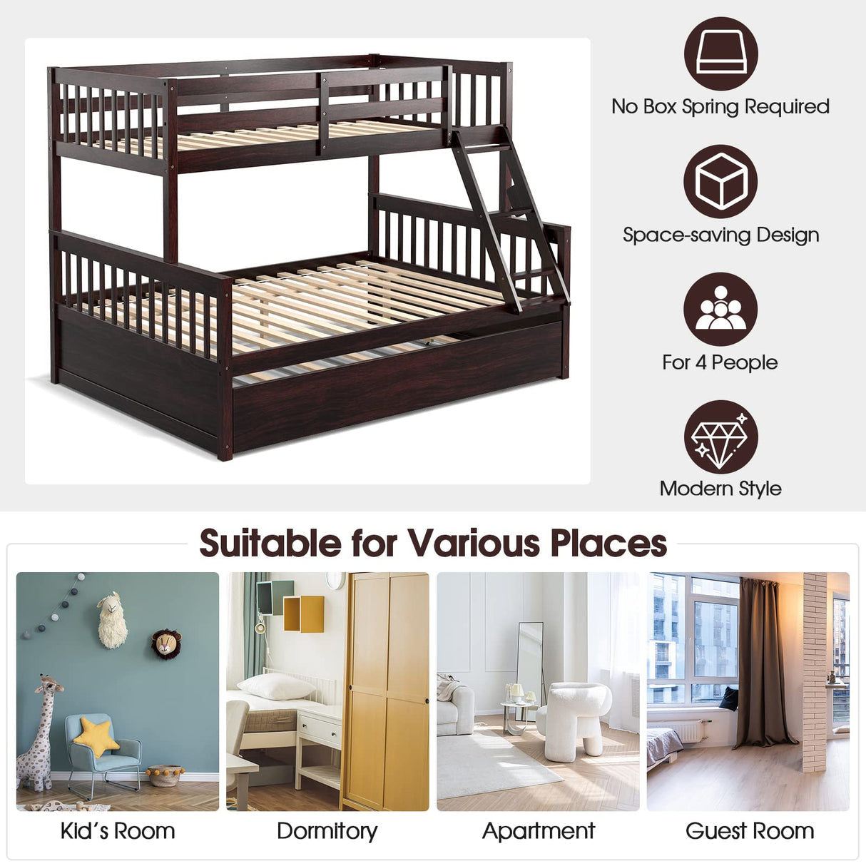 Giantex Twin Over Full Bunk Bed with Trundle, Convertible Platform Bed Frame with Ladder, Solid Wood Frame & Safety Guardrails, Space-Saving Bunk Bed for Teens & Kids, No Box Spring Needed, Espresso Giantex