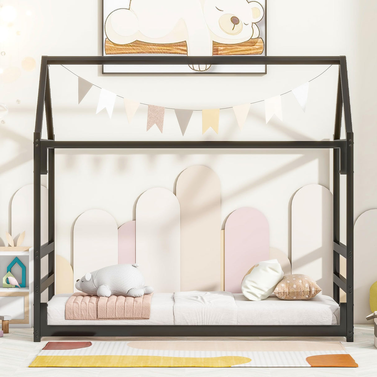 Kuurfuurdo Twin House Bed with Canopy, Montessori Floor Bed Frame Metal Platform Tent Bed for Bedroom Playroom, Black kuurfuurdo