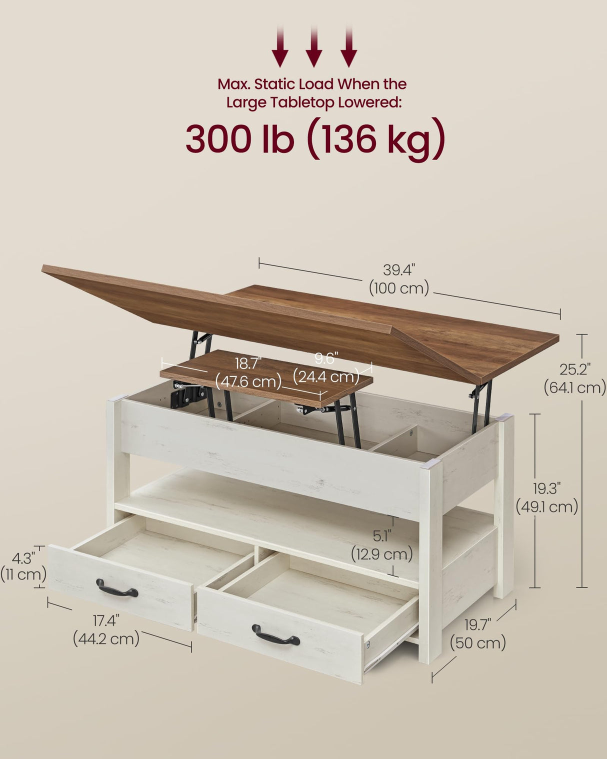 VASAGLE Coffee Table Lift Top, 3 in 1 Center Table with Storage, Gas Spring, 2 Drawers and 3 Hidden Compartments, Open Shelf, for Living Room, Home Office, Honey Brown and Rustic White ULCT254W01 VASAGLE