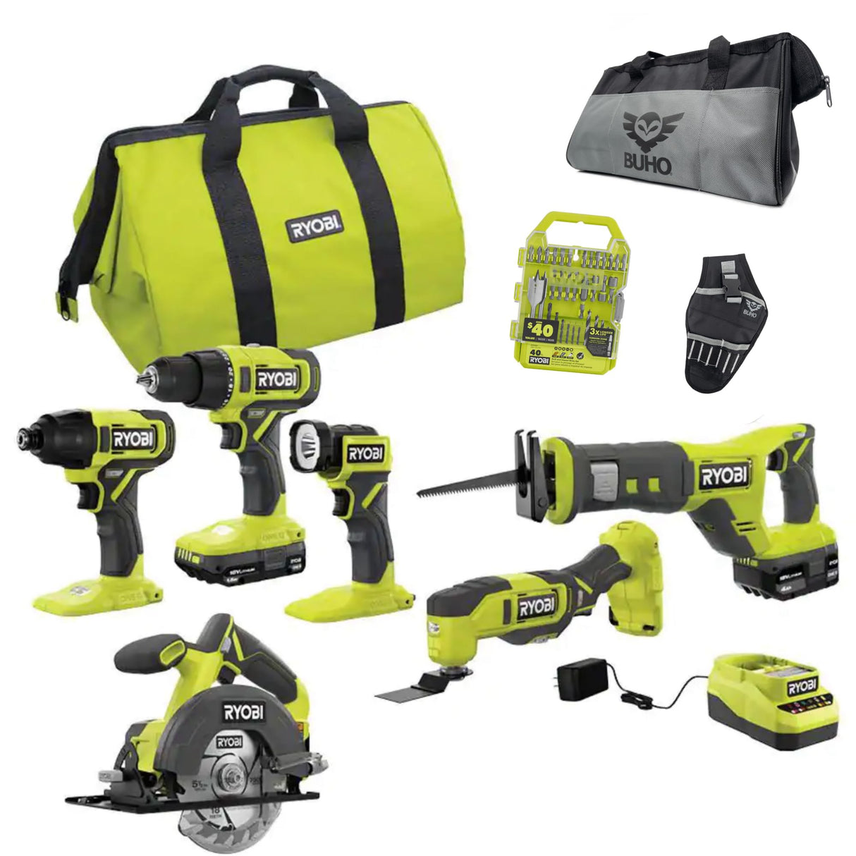 6 Power Tools Combo Kit Bundle with Buho Tool Bag, and Holster, 6 Ryobi Tools, 2 Batteries, Charger, and 40 Piece Drill Bit Set Buho