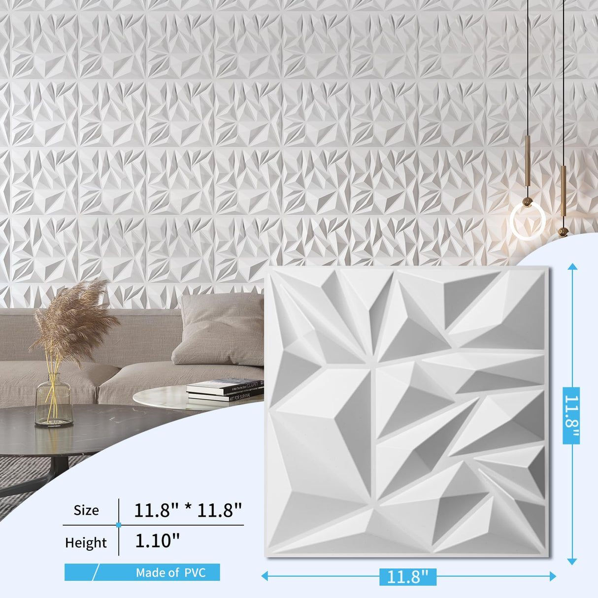 Art3d 33-Pack 3D Wall Panels for Interior Wall Decor, Modern Diamond Textured Accent Wall Paneling for Gaming Living Room TV Wall Background, 12 x 12 inch White Art3d