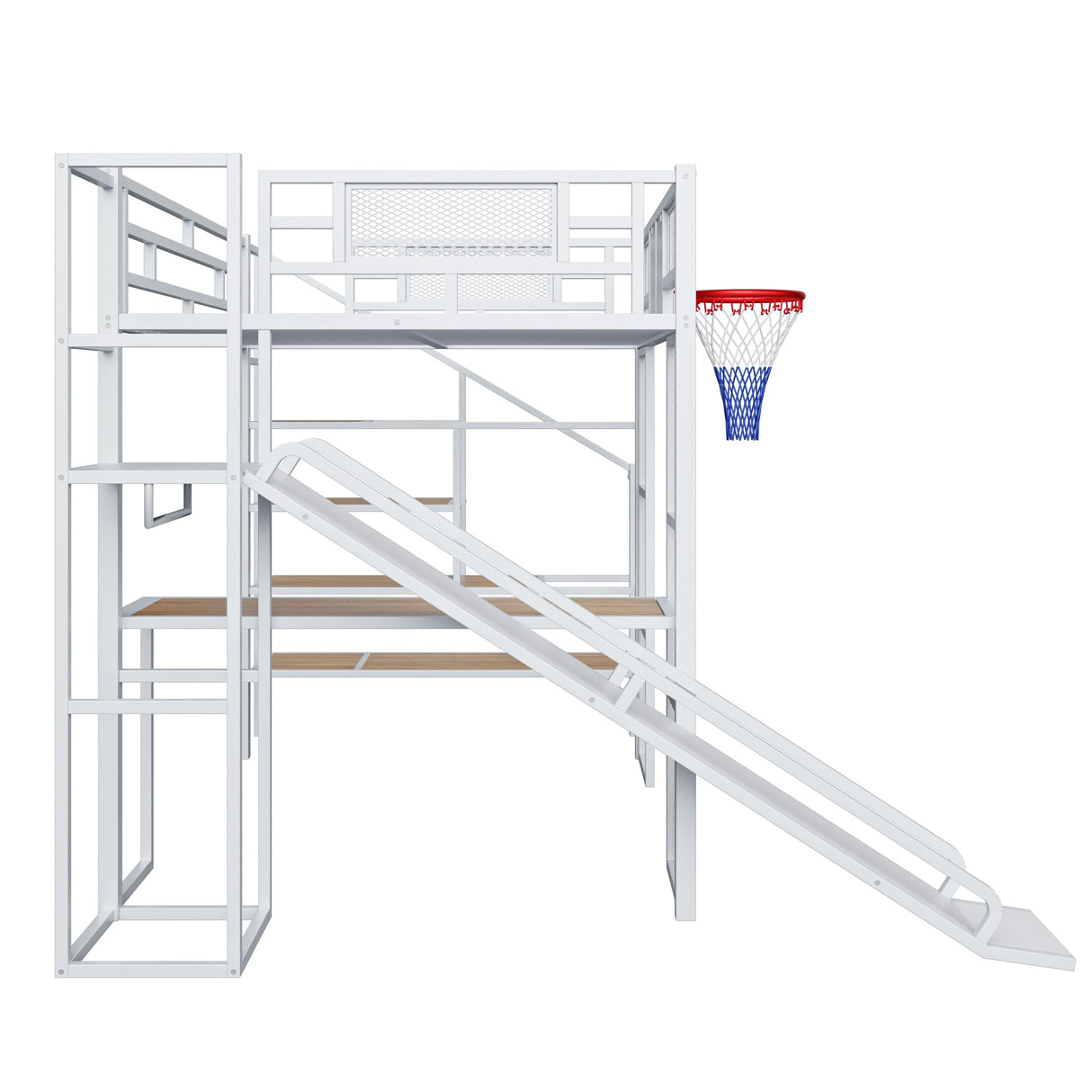 Full Size Loft Bed with Slide and Staircase, Metal Loft Bed Frame with Desk and Basketball Hoop, Loft Full Bed for Boys Teens, White RuiSiSi