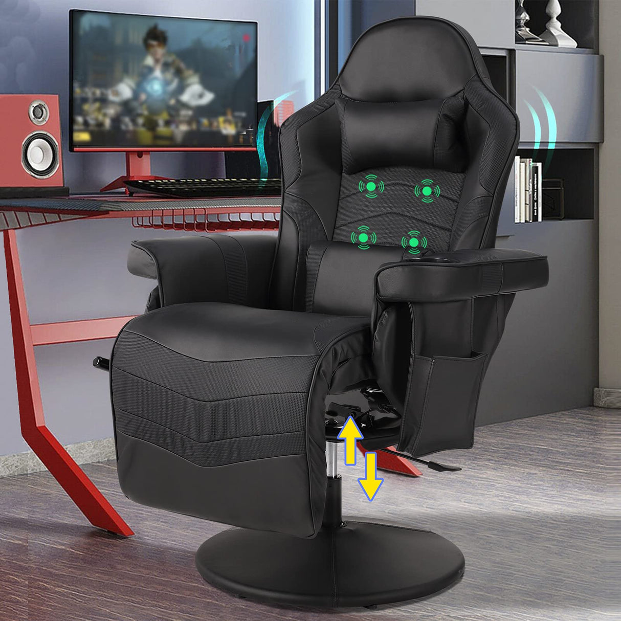LVUYOYO Reclining Gaming Chair, Gaming Chair with Footrest and Massage, High Back PU Leather Gaming Recliner w/Adjustable Height, Swivel Game Chair with Lumbar Support, Cup Holder, Headrest LVUYOYO