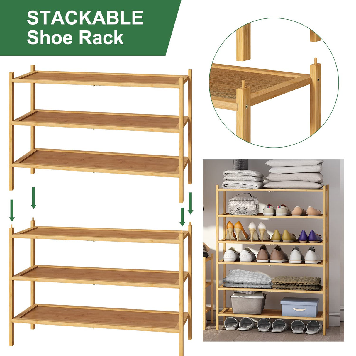 kiplant 3-Tier Shoe Rack for Closet, Bamboo Wood Shoe Rack for Indoor & Outdoor, Stackable Shoe Organizer for Entryway (Natural, 3-Tier) kiplant