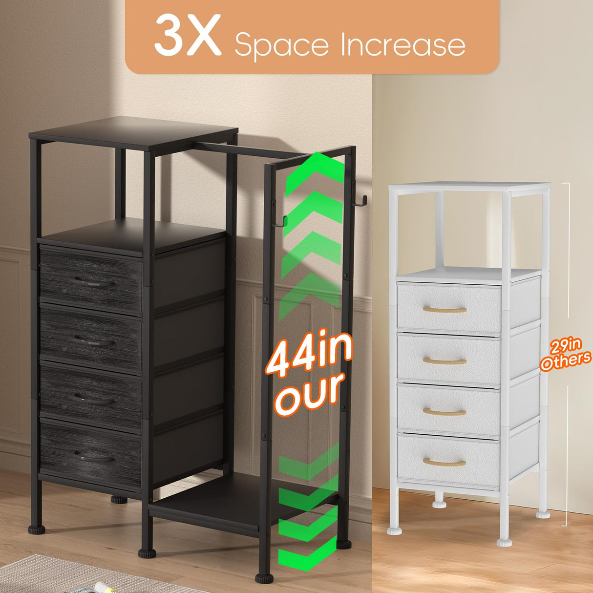 VERONLY Dresser with Hanging Rack, 4 Drawers Small Closet for Bedroom, Reversible Fabric Kids Chest of Drawers with Clothes Rack, Tall Storage Tower, Sturdy Frame, Black, 44''H VERONLY