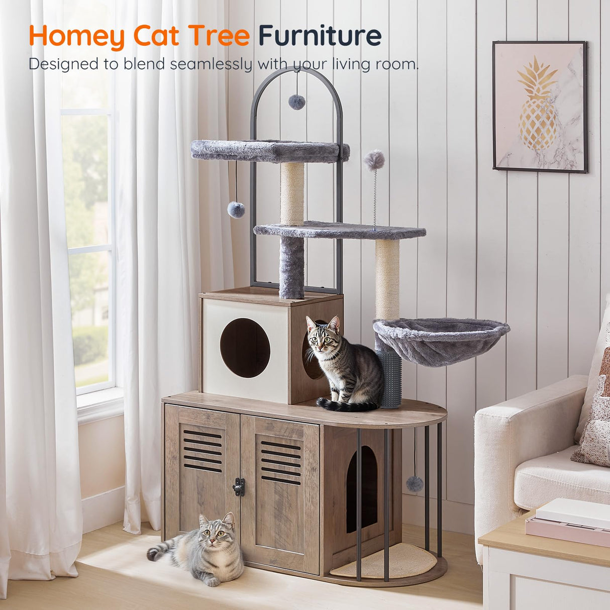 HOOBRO Cat Tree with Litter Box Enclosure, Arched All-in-One 31.5" Cat Tower with Hidden Litter Box Furniture for Indoor Cats, Versatile Cat Condo with Sisal Posts, Hammock, Greige and Gray BG45MZ03 HOOBRO