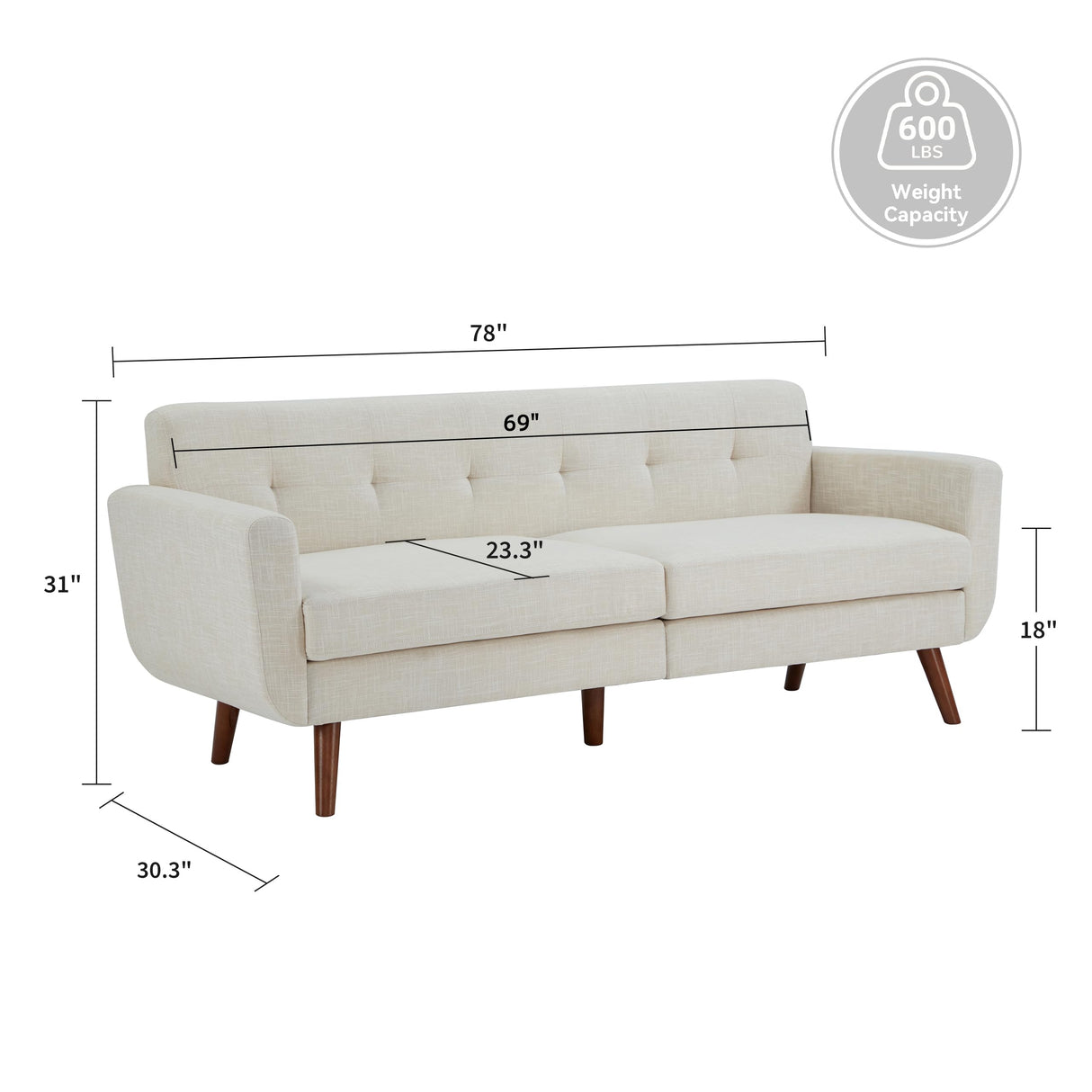 Tbfit 78" W Linen Sofa Couch, Mid Century Modern Decor Loveseat Couches for Living Room, Button Tufted Upholstered Small Couch for Bedroom, Solid, and Easy to Install Love Seats Furniture, Beige Tbfit