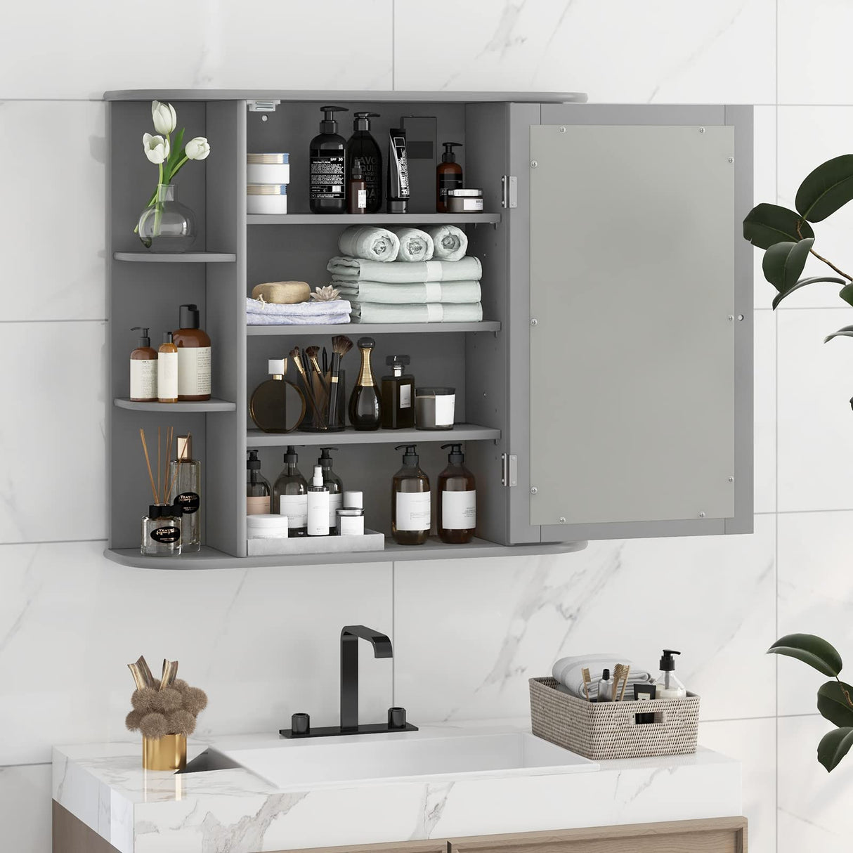 Tangkula Bathroom Medicine Cabinet with Mirror, Wall Mounted Home Storage with Door & 6 Open Shelves, Adjustable Shelves, Mirrored Bathroom Wall Cabinet (Gray) Tangkula