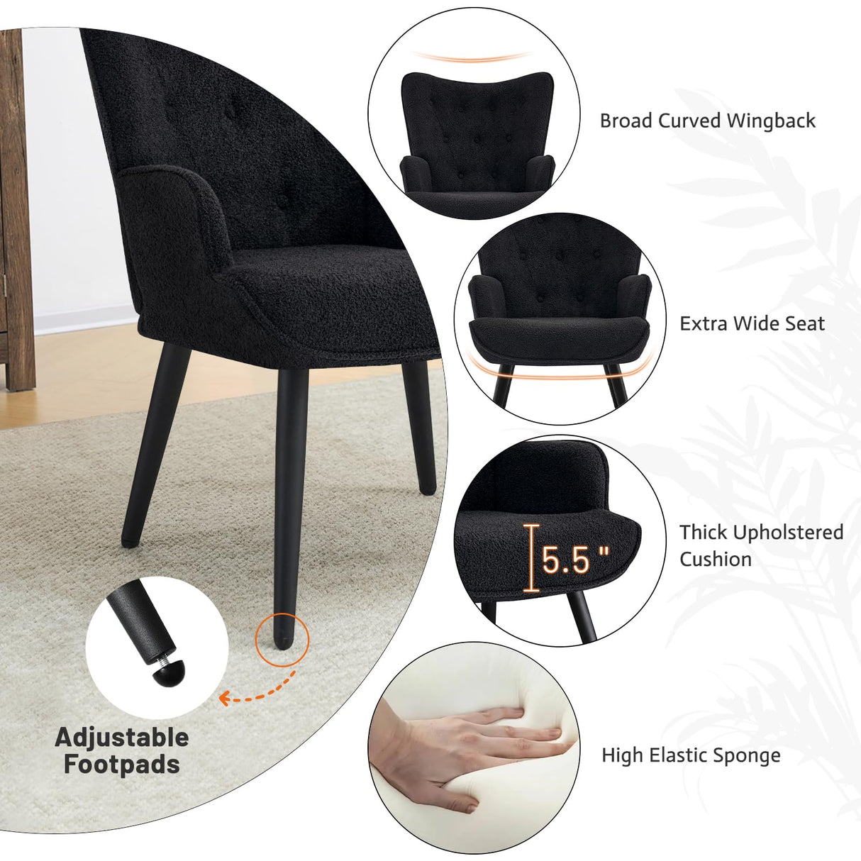Furniliving Boucle Accent Chair for Living Room, Upholstered Reading Chair with High Backrest, Tufted-Button Wingback Armchair for Bedroom, Dressing Room, Home Office, Black Furniliving