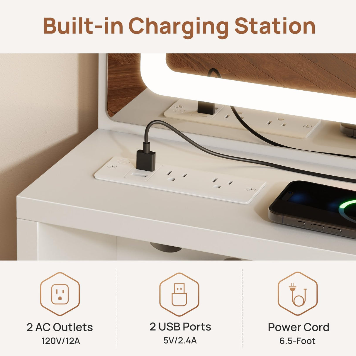 Rolanstar Vanity Desk with Mirror and Lights, Makeup Vanity with Upholstered Vanity Stool, 4 Drawers, Power Outlets, Vanity Set with 4 Compartments for Bedroom White Rolanstar