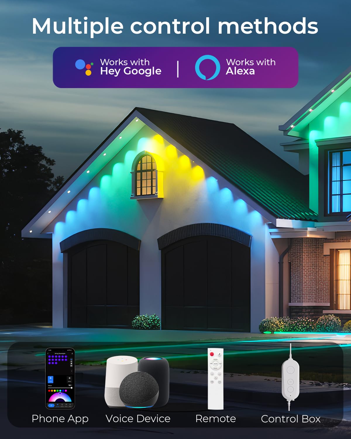 CINOTON Permanent Outdoor Lights 100ft, Smart RGBW+IC Eaves Lights with 60LEDs, IP67 Waterproof, 111 Scene Modes for Daily and Festival, Halloween Christmas Holiday Decor, APP/Voice/Remote Control CINOTON