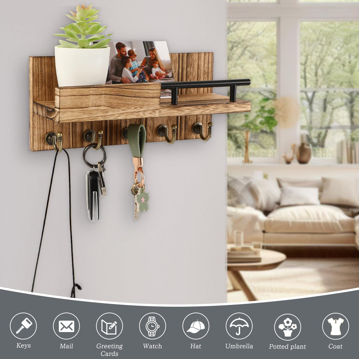 CypherX Key Holder Wall Mount, Decorative Key and Mail Holder for Wall w/Shelf, Farmhouse Wood Keys Organizer for Entryway Hallway Doorway- Home Wall Key Rack CypherX