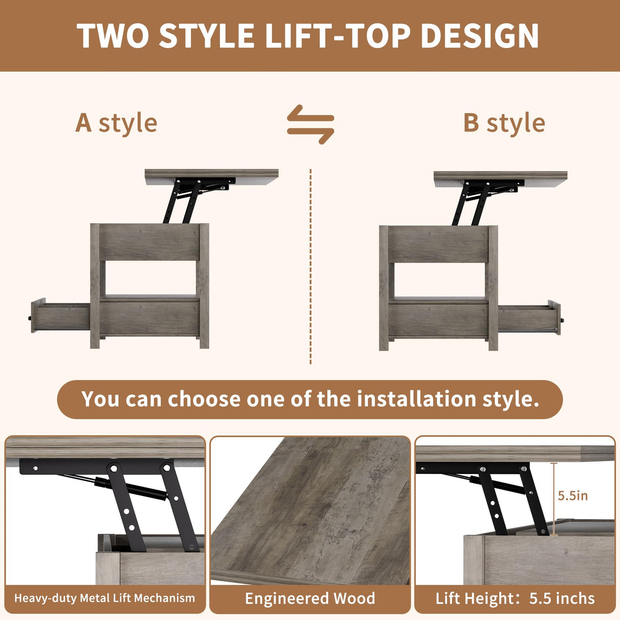 SYESWAY 42'' Lift Top Coffee Table, 4-in-1 Multifunctional Lift Coffee Table with Storage & Hidden Compartments, Farmhouse Coffe Table with Lifting top for Living Room, Dining Reception Room, Grey SYESWAY