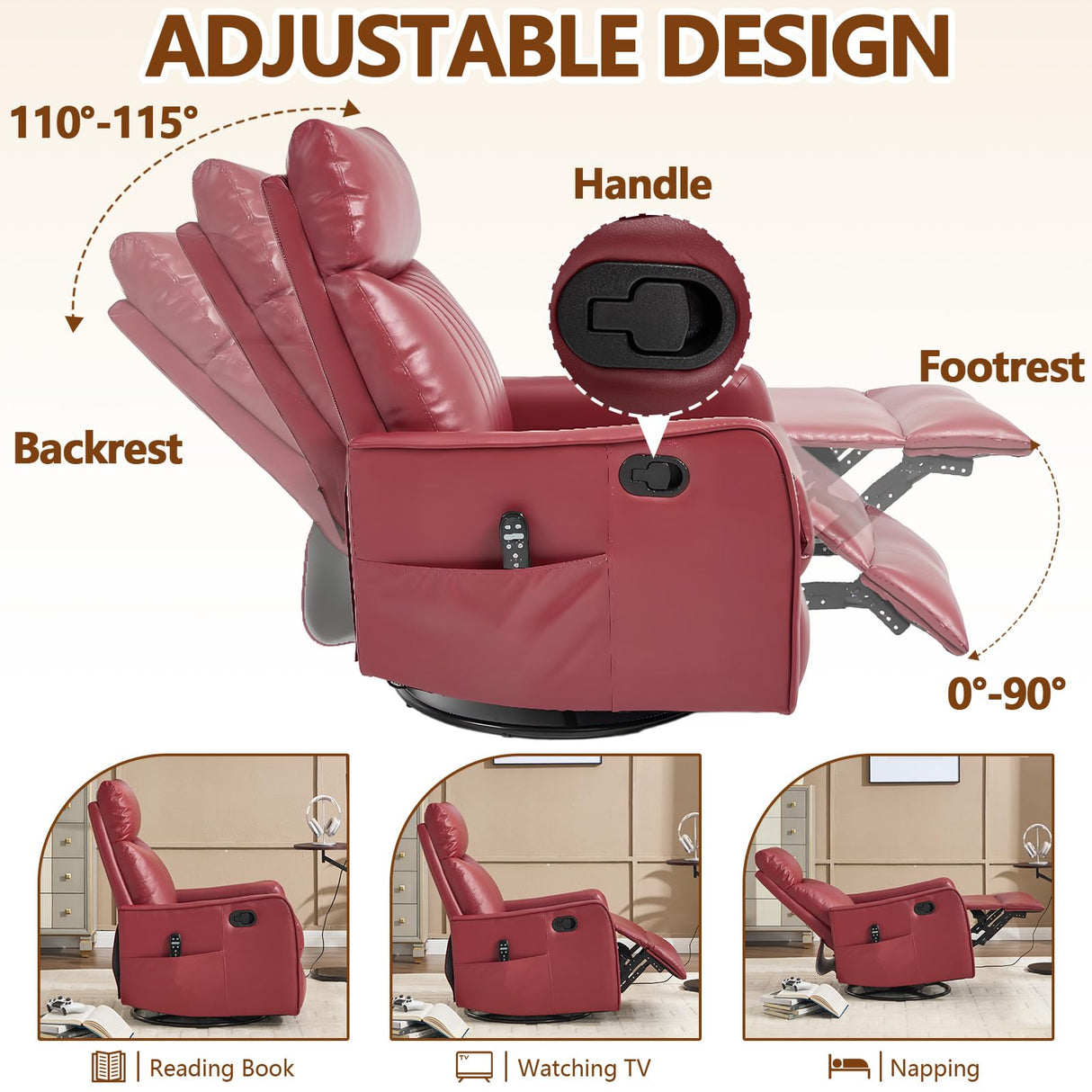 Massage Chair Recliner with Heat, Swivel Rocking Chair Recliner with Gliding Motion, PU Leather Lazy Boy Recliners for Adults,Small Recliner Chair for Small Spaces (PU Leather, Red) anwickjeff