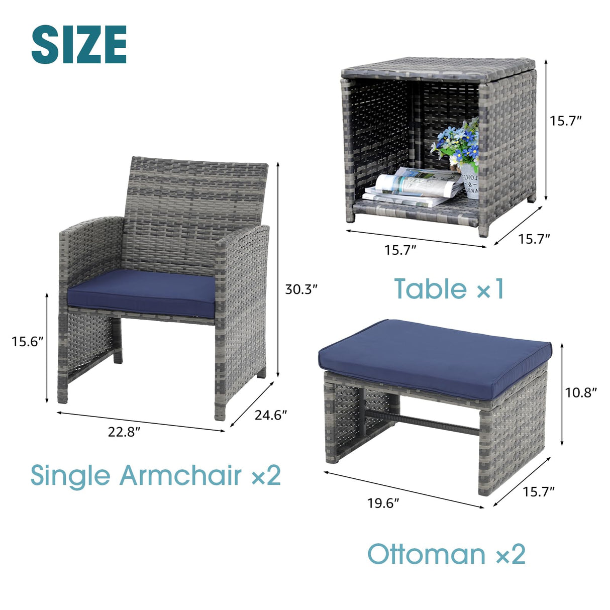 OC Orange-Casual 5 Piece Patio Furniture Set, Wicker Outdoor Conversation Chair and Ottoman Set with Coffee Table, Pillows Included, for Balcony, Porch, Deck, Navy Blue OC Orange-Casual