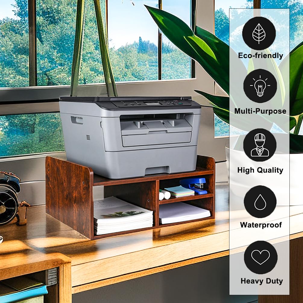 PAG Desktop Printer Stand with Storage, Paper Storage Holder Rack for Desk, Wooden Printer Organization for Home/Office, Retro Brown PAG